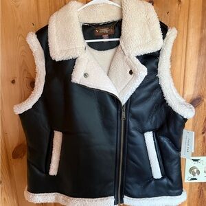 Koolaburra Black Faux Leather Vest with Cream Sherpa Trim
